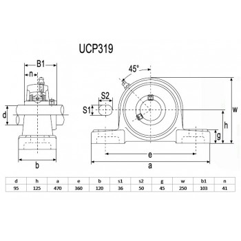 Le modèle de Palier à semelle serrage vis pointeaux ref UCP319 diamètre d'arbre 95 mm - UCP319